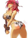  1girl anger_vein animal_print ass bandaged_arm bandages bangs bare_shoulders bdsm bikini blush bound bound_arms breasts cleavage clenched_teeth collarbone commentary_request cow_print dokutaa_hakase double_bun eyebrows_visible_through_hair eyepatch_bikini ibaraki_kasen large_breasts looking_at_viewer pink_eyes pink_hair print_bikini shiny shiny_hair shiny_skin short_hair slap_mark solo standing sweat swimsuit teeth thighs touhou 