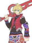  1boy bangs black_shirt blonde_hair blue_eyes closed_mouth holding holding_sword holding_weapon long_sleeves looking_at_viewer male_focus mazume red_vest shirt short_hair shulk_(xenoblade) simple_background sketch smile solo sword v-shaped_eyebrows vest weapon white_background xenoblade_chronicles xenoblade_chronicles_(series) 