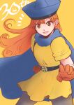  1girl alena_(dq4) belt brown_eyes cape curly_hair dragon_quest dragon_quest_iv dress ginga1015 gloves hat highres long_hair looking_at_viewer open_mouth pantyhose simple_background skirt smile solo 