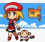  1girl belt bike_shorts blonde_hair brown_gloves cabbie_hat closed_mouth cropped_jacket data_(mega_man) gloves green_eyes hat ibara. jacket long_hair looking_at_viewer mega_man_(series) mega_man_legends red_headwear red_jacket red_shorts roll_caskett_(mega_man) short_sleeves shorts smile 