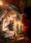  2girls absurdres aina_156cm apron bangs blonde_hair blue_eyes blurry blurry_background blurry_foreground candle candlestand commentary_request depth_of_field different_reflection dress emilico_(shadows_house) eyebrows_visible_through_hair frilled_sleeves frills highres indoors kate_(shadows_house) long_hair long_sleeves maid mirror mouth_hold multiple_girls nipples puffy_short_sleeves puffy_sleeves red_dress reflection ribbon ribbon_in_mouth shadow_(shadows_house) shadows_house short_sleeves two_side_up tying_hair window 