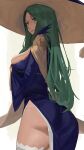  1girl alternate_costume ass back bangs blue_dress breasts dress fire_emblem fire_emblem:_three_houses fire_emblem_heroes forehead green_eyes green_hair halloween halloween_costume hat highres j@ck large_breasts long_hair long_sleeves looking_at_viewer looking_back official_alternate_costume panties parted_bangs rhea_(fire_emblem) solo underwear white_panties wide_sleeves witch witch_hat 