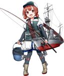  1girl arm_warmers baseball_cap black_legwear blue_sailor_collar boots brown_eyes brown_hair bucket depth_charge dress fishing_line full_body hair_rings hat holding hozuka_(kadokawa) kaiboukan_no._4_(kancolle) kantai_collection long_hair looking_at_viewer low_twintails machinery official_art open_mouth pantyhose rubber_boots sailor_collar sailor_dress sailor_hat smile solo standing teeth transparent_background twintails upper_teeth vest white_dress white_headwear 