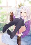  1girl bangs black_legwear blush brown_footwear crown eyebrows_visible_through_hair feet feet_up full_body hair_between_eyes highres indoors kou_futoshi legs legs_up loafers long_hair long_sleeves looking_at_viewer neckerchief no_game_no_life no_shoes one_side_up purple_serafuku purple_shirt sailor_collar sailor_shirt school_uniform shiny shiny_hair shiro_(no_game_no_life) shirt shoes side_ponytail silver_hair sitting skirt solo sweatdrop thighs window yellow_eyes yellow_neckerchief 