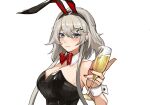  1girl animal_ears black_hairband black_leotard blue_eyes bow bowtie breasts commentary_request cup detached_collar drinking_glass fake_animal_ears fake_tail grey_hair hair_between_eyes hair_ornament hairband highres holding holding_cup jintianhuahualema large_breasts leotard original playboy_bunny rabbit_ears rabbit_tail red_bow red_bowtie short_hair_with_long_locks side-tie_leotard sidelocks solo strapless strapless_leotard tail upper_body white_background wrist_cuffs x_hair_ornament 