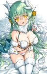  1girl animal_ears breasts cosplay dragon_girl dragon_horns elbow_gloves fate/grand_order fate_(series) fur-trimmed_gloves fur-trimmed_legwear fur_bikini fur_collar fur_trim gloves green_hair halloween halloween_costume highres horns kiyohime_(fate) large_breasts long_hair mash_kyrielight mash_kyrielight_(dangerous_beast) mash_kyrielight_(dangerous_beast)_(cosplay) morizono_shiki multiple_horns o-ring o-ring_top revealing_clothes sitting solo tail white_tail wolf_ears wolf_girl wolf_tail yellow_eyes 