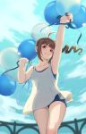  1girl ahoge arm_up balloon bangs blue_shorts blue_sky blurry blurry_background brown_hair cloud cloudy_sky commentary day depth_of_field drill_hair grin half-closed_eyes head_tilt holding idolmaster idolmaster_million_live! kamille_(vcx68) looking_at_viewer medium_hair open_mouth outdoors purple_eyes shirt short_shorts shorts side_drill side_ponytail sidelocks sky smile solo standing tank_top white_shirt yokoyama_nao 