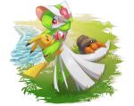  absurdres blush bonnet commentary dwebble flower gardevoir grass hat hat_flower highres holding holding_pokemon nullma pikachu pink_flower pokemon pokemon_(creature) pokemon_(game) pokemon_unite standing water white_headwear 