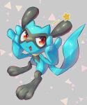  absurdres commentary full_body grey_background highres looking_up no_humans nullma open_mouth pokemon pokemon_(creature) red_eyes riolu shiny solo star_(symbol) toes tongue 