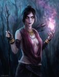  1girl arnaerr black_hair breasts cleavage dragon_age dragon_age:_origins feathers fingerless_gloves fur_trim gloves highres jewelry magic morrigan_(dragon_age) purple_lips solo staff tied_hair yellow_eyes 