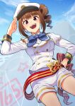  1girl ahoge bangs blue_bow blue_bowtie blue_sky bow bowtie brown_hair butterfly_ornament buttons cloud cloudy_sky cowboy_shot day double-breasted dress_shirt drill_hair dutch_angle eyebrows_visible_through_hair hand_on_hip hat idolmaster idolmaster_million_live! jacket kamille_(vcx68) long_sleeves looking_at_viewer medium_hair open_mouth outdoors peaked_cap purple_eyes red_sash salute sash shirt short_shorts shorts side_drill side_ponytail sidelocks sky smile solo sparkle standing white_headwear white_jacket white_shirt white_shorts wing_collar yokoyama_nao 