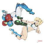  1girl abs arm_cannon armor bangs blonde_hair blue_eyes breasts dual_persona full_body glowing helmet highres large_breasts long_hair metroid metroid_dread mole mole_under_mouth open_mouth panties ponytail power_armor power_suit samus_aran science_fiction shardanic simple_background solo sports_bra toned underwear weapon 