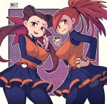  2girls ace_trainer_(pokemon) ace_trainer_(pokemon)_(cosplay) bangs belt blue_shirt blue_skirt blush blush_stickers brown_hair chichibu_(watson) collared_shirt commentary_request cosplay cowboy_shot eyelashes flannery_(pokemon) hair_ribbon hair_tie hand_on_hip highres holding holding_poke_ball long_hair long_sleeves looking_at_viewer multiple_girls open_mouth orange_vest panties panties_under_pantyhose pantyhose parted_lips pleated_skirt poke_ball poke_ball_(basic) pokemon pokemon_(game) pokemon_bw pokemon_oras red_belt red_eyes ribbon roxanne_(pokemon) shirt signature skirt smile teeth tied_hair tongue twintails underwear upper_teeth vest 