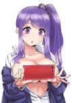  1girl :o blush breasts cellphone cleavage collared_shirt highres holding holding_phone inside-chan_mk.i inside-games_(media) ishii_hisao jacket jacket_partially_removed large_breasts lipstick long_hair long_sleeves looking_at_phone makeup open_clothes open_shirt parted_lips phone pink_lips purple_eyes purple_hair purple_jacket selfie shirt side_ponytail simple_background smartphone solo taking_picture upper_body virtual_youtuber white_background wing_collar 