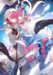  2girls bangs bare_shoulders black_dress blue_dress blue_eyes blush breasts dragon_girl dragon_horns dragon_tail dress dual_persona elizabeth_bathory_(cinderella_rider)_(fate) elizabeth_bathory_(fate) eyebrows_visible_through_hair fang fate/grand_order fate_(series) hair_ribbon highres holding_hands horns interlocked_fingers long_hair looking_at_viewer multiple_girls no-kan one_eye_closed open_mouth pink_hair pointy_ears puffy_short_sleeves puffy_sleeves ribbon short_sleeves sidelocks skin_fang small_breasts smile tail 