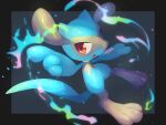  :d border commentary energy highres looking_to_the_side no_humans nullma open_mouth pokemon pokemon_(creature) red_eyes riolu smile solo toes tongue 