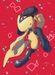  :o absurdres alternate_color commentary creature fang full_body highres looking_at_viewer no_humans nullma open_mouth pokemon pokemon_(creature) red_background red_eyes riolu shiny_pokemon signature solo toes tongue 