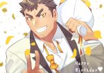  1boy alternate_costume alternate_eye_color bara blush bouquet brown_hair commentary_request facial_hair falling_petals formal goatee grin happy_birthday holding holding_bouquet kengo_(housamo) kihane_atsusane long_sideburns male_focus petals short_hair sideburns smile solo stubble suit thick_eyebrows tokyo_afterschool_summoners undone_bowtie upper_body v white_suit 