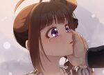  1girl backlighting bangs brown_hair commentary drill_hair eyebrows_visible_through_hair face frown hand_on_another&#039;s_face hand_on_another&#039;s_hand idolmaster idolmaster_million_live! jewelry kamille_(vcx68) light_particles lips looking_at_another necklace open_mouth out_of_frame parted_lips purple_eyes scrunchie side_drill sidelocks tearing_up tears white_scrunchie wrist_scrunchie yokoyama_nao 