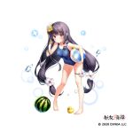  1girl ball bangs bare_arms bare_legs bare_shoulders barefoot beachball black_hair blue_swimsuit breasts carrying carrying_under_arm closed_mouth commentary_request covered_navel eyebrows_visible_through_hair flower food fruit full_body hair_flower hair_ornament leaning_forward long_hair looking_at_viewer mahoroba_youjo_kitan marmoset_(marmoset0) medium_breasts official_art one-piece_swimsuit purple_eyes red_flower rubber_duck smile solo standing swimsuit very_long_hair watermark watermelon white_background white_flower yellow_flower zashiki-warashi_(mahoroba_youjo_kitan) 