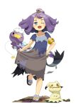  1girl ;d absurdres acerola_(pokemon) armlet bangs blue_dress blue_eyes blush commentary dress drifloon eyelashes fang flip-flops grey_dress hair_ornament hairclip highres kun_(user_tmwh7453) leg_up medium_hair mimikyu multicolored_clothes multicolored_dress one_eye_closed open_mouth pokemon pokemon_(creature) pokemon_(game) pokemon_sm purple_hair sandals short_sleeves smile standing standing_on_one_leg stitches tongue topknot torn_clothes torn_dress 