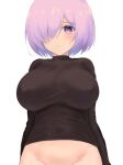  1girl arms_at_sides arms_behind_back black_sweater blush bottomless breasts closed_mouth covered_navel covered_nipples eyebrows_visible_through_hair fate/grand_order fate_(series) from_below groin hair_over_one_eye handa_guryu highres large_breasts light_frown long_sleeves looking_at_viewer mash_kyrielight medium_hair one_eye_covered purple_eyes purple_hair simple_background solo sweater taut_clothes taut_sweater tight turtleneck turtleneck_sweater upper_body white_background 