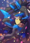  absurdres black_cape black_headwear blue_ribbon brown_bag cape closed_mouth commentary hatted_pokemon highres lucario neck_ribbon nullma pokemon pokemon_(creature) pokemon_(game) pokemon_unite red_eyes ribbon signature smile solo toes 