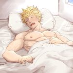  1boy abs bangs bara bed bed_sheet bedroom blonde_hair closed_eyes drooling granblue_fantasy hachikou_nameko indoors large_pectorals lying male_focus mouth_drool muscular muscular_male nipples on_back on_bed open_mouth pectorals pillow sheet_grab short_hair sleeping solo under_covers vane_(granblue_fantasy) 