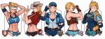  1girl abs alternate_hairstyle blonde_hair cowboy_hat crop_top final_fight final_fight_tough finger_gun flannel front-tie_top hat hershuar highres lucia_morgan multiple_persona muscular muscular_female official_alternate_costume police police_uniform policewoman short_hair smile spiked_hair sportswear street_fighter street_fighter_v toned uniform upper_body volleyball_uniform 