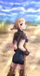  1girl ass blonde_hair braid breasts brown_eyes closed_mouth final_fantasy final_fantasy_xii long_hair looking_at_viewer penelo rabihiko savannah smile solo thighhighs twin_braids twintails 