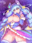  1girl :p absurdres animal_ear_fluff animal_ears blue_gloves blue_hair breasts breasts_outside cat_ears censored commentary_request cure_cosmo dated elbow_gloves gloves highres hisahiko large_breasts lifted_by_self long_hair magical_girl mosaic_censoring multicolored_hair nipples no_panties pink_hair precure pussy rainbow_skirt signature solo star_twinkle_precure starry_background thighhighs thighs tongue tongue_out two-tone_hair yellow_eyes yuni_(precure) 