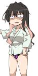  1girl black_hair breasts highres kantai_collection large_breasts long_hair long_sleeves looking_at_viewer messy_hair multicolored_hair naganami_(kancolle) no_pants open_mouth panties pink_hair purple_panties shaded_face shirt solo two-tone_hair underwear yoshi_tama 