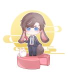  1boy animal_ears artem_wing_(tears_of_themis) bangs black_jacket black_pants blue_eyes blue_necktie brown_hair bunny chibi closed_mouth food formal full_moon highres holding holding_food jacket long_sleeves looking_at_viewer male_focus moon necktie pants polo_shirt rabbit_boy rabbit_ears rabbit_tail shirt short_hair smile solo tail tears_of_themis white_background white_shirt xinsuimangguoren 