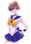  1girl bangs bishoujo_senshi_sailor_moon blue_choker blue_eyes blue_sailor_collar blue_skirt bow bowtie brown_hair choker circlet closed_mouth collarbone collared_shirt cowboy_shot earrings eyebrows_visible_through_hair gloves hair_between_eyes hand_on_hip highres jewelry looking_at_viewer magical_girl miniskirt pleated_skirt sailor_collar sailor_senshi_uniform sailor_shirt sailor_uranus shirt short_hair skirt smile solo standing ten&#039;ou_haruka twitter_username white_background white_gloves white_shirt y-yazaki2406 yellow_bow yellow_bowtie 