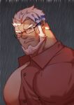  1boy absurdres aegir_(housamo) aqua_hair bara beard black-framed_eyewear blue_eyes buttons collared_shirt dark-skinned_male dark_skin facial_hair from_side frown glasses guoguo highres large_pectorals looking_at_viewer male_focus mature_male multicolored_hair muscular muscular_male open_clothes open_shirt pectorals rain red_shirt shirt short_hair sideburns sidepec solo streaked_hair tearing_up tokyo_afterschool_summoners upper_body white_hair 