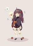  1girl :3 ahoge bandage_on_knee bangs black_footwear black_nails bloomers brown_hair bruise bruise_on_face chinese_clothes coat flower food fruit full_body genshin_impact ghost grey_background grey_coat hair_flower hair_ornament hair_tassel highres holding holding_food holding_fruit hu_tao_(genshin_impact) injury kneehighs long_hair long_sleeves open_mouth persimmon plum_blossoms red_eyes shoes simple_background solo speech_bubble ssm_(ssm82048039) standing star-shaped_pupils star_(symbol) sweatdrop symbol-shaped_pupils twintails underwear white_legwear wide_sleeves younger 