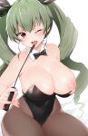  1girl absurdres anchovy_(girls_und_panzer) bangs bare_shoulders black_leotard blush bow bowtie breasts brown_legwear covered_navel detached_collar drill_hair eyebrows_visible_through_hair girls_und_panzer green_hair hair_ribbon highres large_breasts leotard long_hair looking_at_viewer nipples one_breast_out one_eye_closed open_mouth pantyhose red_eyes ribbon riding_crop simple_background sitting smile solo strapless strapless_leotard sweat tongue twin_drills twintails uzura_kazuhisa white_background 