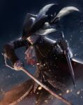  1girl absurdres aflorane ascot blood bloodborne blue_eyes cape coat double-blade gloves hat hat_feather highres lady_maria_of_the_astral_clocktower long_hair looking_at_viewer ponytail rakuyo_(bloodborne) simple_background solo sword the_old_hunters tricorne weapon white_hair 