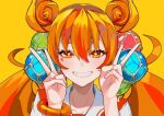  1girl bangs blonde_hair bracelet bright_pupils clenched_teeth close-up double_bun double_v face grin hair_ornament jewelry lam_(ramdayo) low_twintails orange_hair original simple_background smile solo teeth twintails v white_pupils 
