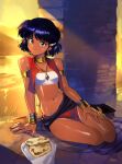  1girl arm_support bangs blue_eyes blue_hair bracelet bread breasts closed_mouth collar commentary dark-skinned_female dark_skin earrings english_commentary food fushigi_no_umi_no_nadia hand_on_own_thigh head_tilt jewelry looking_at_viewer nadia_la_arwall necklace on_floor optionaltypo river short_hair sitting small_breasts smile solo strapless tube_top 