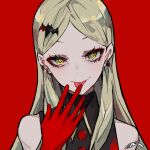  1girl avatar_2.0_project bangs bat_hair_ornament blonde_hair buttons collared_shirt earrings eyeshadow forehead gloves hair_ornament highres jewelry kujou_ringo lam_(ramdayo) makeup mascara parted_bangs red_background red_eyeshadow red_gloves shirt showroom_(site) simple_background sleeveless solo tongue tongue_out upper_body virtual_youtuber 