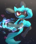  closed_mouth commentary energy furrowed_brow hand_up highres legs_apart no_humans nullma pokemon pokemon_(creature) red_eyes riolu shiny solo toes 