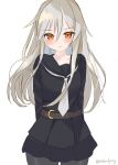  1girl :t arms_behind_back bangs black_legwear black_sailor_collar black_serafuku black_skirt blush crescent eyebrows_visible_through_hair hair_between_eyes highres kantai_collection kikuzuki_(kancolle) long_hair looking_at_viewer neckerchief one-hour_drawing_challenge orange_eyes pantyhose pout sailor_collar school_uniform serafuku simple_background skirt solo twitter_username white_background white_hair white_neckerchief yoshino_(mfmfpng) 