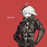  1boy :d ahoge bangs black_gloves black_sweater buttons commentary_request danganronpa_(series) danganronpa_v3:_killing_harmony dated gloves grey_eyes grey_hair hands_on_hips keebo kiri_(2htkz) looking_at_viewer male_focus power_armor red_background short_hair simple_background smile solo sweater teeth upper_body upper_teeth 