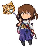  1girl brown_eyes brown_hair chibi closed_mouth cosplay detached_sleeves final_fantasy final_fantasy_x full_body hakama hakama_skirt ibara. japanese_clothes jewelry long_hair looking_at_viewer necklace school_girl_strikers simple_background skirt solo yuna_(ff10) 