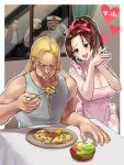  1girl 3boys :d andy_bogard apron bare_shoulders blonde_hair blush border breasts brothers brown_eyes brown_hair cheering cleavage closed_eyes dated eating fatal_fury food fork hachimaki hands_up happy headband heart highres holding holding_fork joe_higashi large_breasts looking_at_another multiple_boys oni_gini open_mouth outline outside_border pasta plate ponytail ribbon shiranui_mai shirt siblings sitting smile spaghetti standing sweat t-shirt table tank_top teeth terry_bogard the_king_of_fighters upper_teeth white_border white_headband white_outline white_tank_top window 