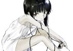  1girl asymmetrical_hair brown_eyes brown_hair cable commentary dress hair_ornament hairclip highres iwakura_lain looking_at_viewer luv serial_experiments_lain short_hair simple_background sitting sleeveless solo white_background white_dress x_hair_ornament 