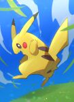  absurdres black_eyes blurry commentary day fang grass highres leaves_in_wind looking_at_viewer looking_to_the_side no_humans nullma open_mouth outdoors pikachu pokemon pokemon_(creature) sky solo toes 
