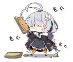  1girl :t alfort_(brand) antenna_hair black_footwear black_jacket braid breasts chibi closed_mouth collared_shirt commentary cracker dress eating food food_on_face full_body fur-trimmed_jacket fur_trim grey_dress grey_hair hair_ornament headset highres holding holding_food jacket kizuna_akari large_breasts long_hair long_sleeves low_twintails milkpanda minigirl open_clothes open_jacket orange_legwear pantyhose pistachio puffy_cheeks puffy_long_sleeves puffy_sleeves shadow shirt shoes sleeves_past_wrists solo standing striped striped_legwear sweat translated twin_braids twintails vertical-striped_legwear vertical_stripes very_long_hair voiceroid wavy_mouth white_background white_shirt 