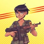  1girl :d absurdres bangs black_hair brown_eyes camouflage camouflage_jacket dark-skinned_female dark_skin explosive glasses grenade grin gun highres holding holding_gun holding_weapon jacket looking_at_viewer military military_uniform open_mouth original short_hair sleeves_rolled_up smile solo south_vietnamese_flag submachine_gun teeth thompson_submachine_gun uniform vietnam_war weapon willy_pete yellow_background 